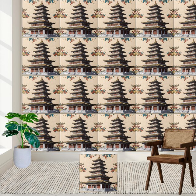 Asieninspirerad Blommigt Temple Chinoiserie Pagoda Kakelplatta (Asian-Inspired Floral Temple Chinoiserie Pagoda Ceramic Tile)