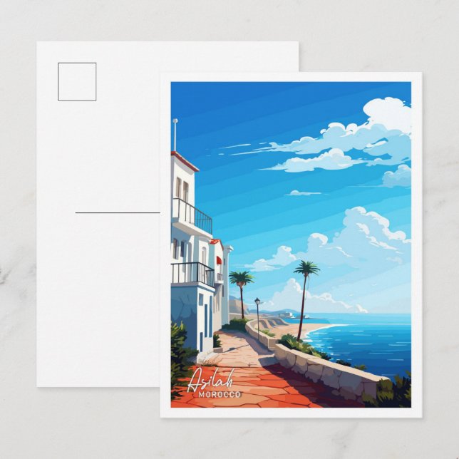 Asilah Marocko Art Travel Vintage illustration Vykort (Fram/baksida)