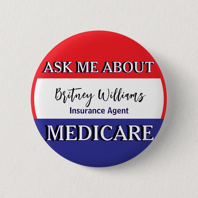 Ask Me About Medicare Red White Blue Knapp (Framsida)