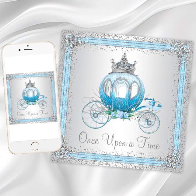 Askungen Blå Prinsessa Födelsedagsfest Inbjudningar (Cinderella Blue Princess Birthday Party Invitation with carriage. Digital and print available.)