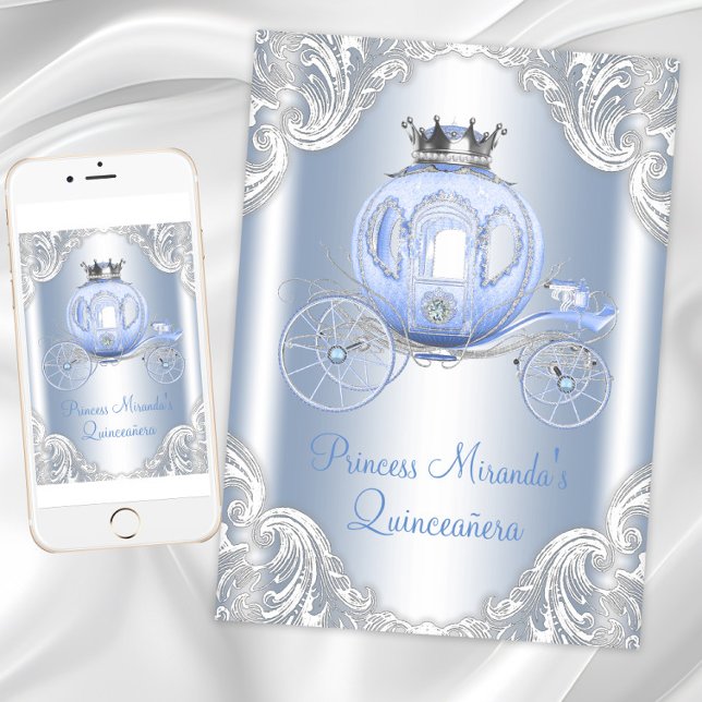 Askungen Blå Silver Prinsessa Quinceanera Inbjudningar (Cinderella princess birthday party invitation. Digital download and printed invitations available.)