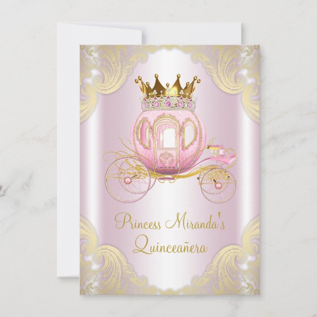 Askungen Rosa Guld Prinsessa Quinceanera Inbjudningar (Framsida)