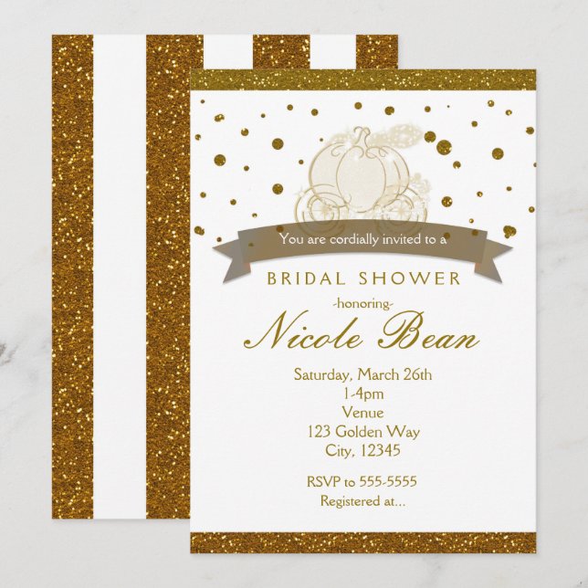 Askungen vagn guld glitter prickar inbjudningar (Fram/baksida)