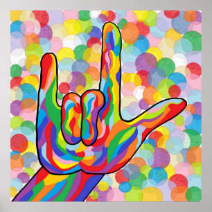 ASL älskar jag dig på en bubblabakgrund Poster