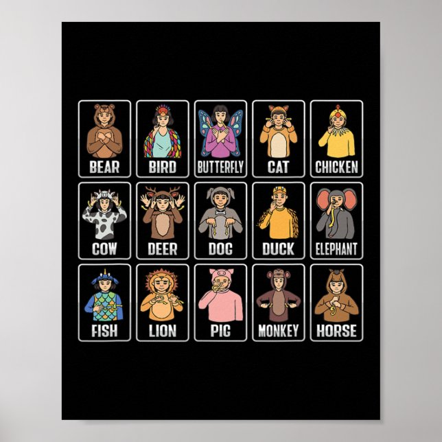 Asl Hand Gesture Animals Döv Hearing Loss Awarene Poster (Framsidan)