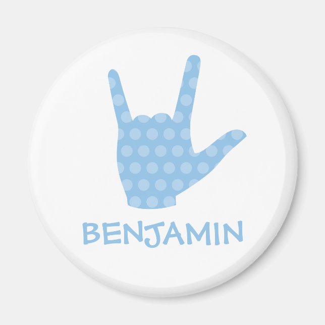 ASL I Kärlek You Blue Dots Sign Language Namn Magn Magnet (Framsidan)