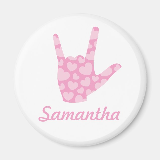 ASL I Kärlek You Rosa Hearts teckenspråk och Namn Magnet (Framsidan)