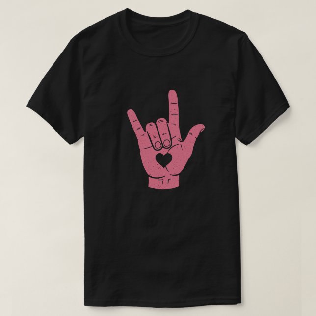 ASL "I Kärlek You" undertecknar språkhand med hjär T Shirt (Design framsida)