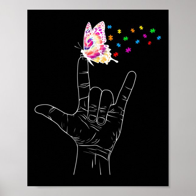 Asl Jag Älskar Dig Hand Teckenspråk Fjäril Autism Poster (Framsidan)