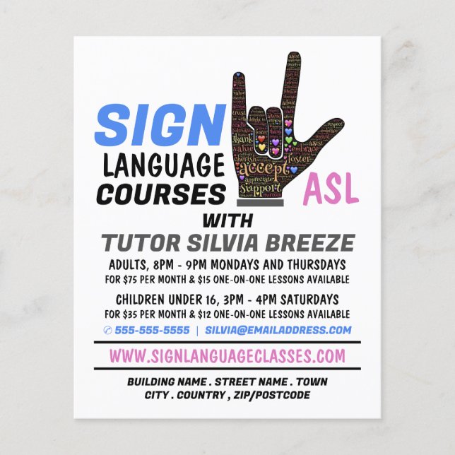 ASL, Kärlek Gesture, Sign Language Courtà Advert Flygblad (Framsidan)