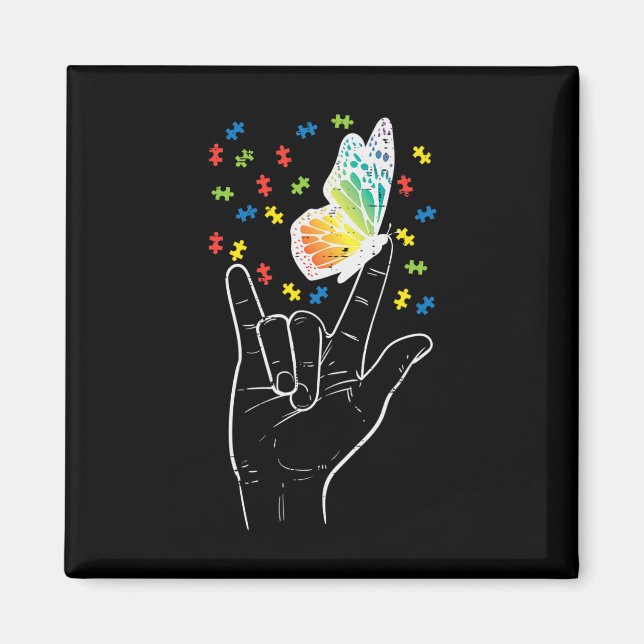 Asl Kärlek Sign Butterfly Puzzle Autism Awareness  Magnet (Framsidan)