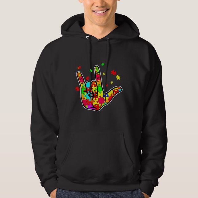 Asl Kärlek Sign Language Autism Funny Awareness Su Hoodie (Framsida)