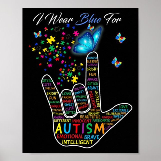Asl Kärlek teckenspråk Hand I Bära Blue för autism Poster (Framsidan)