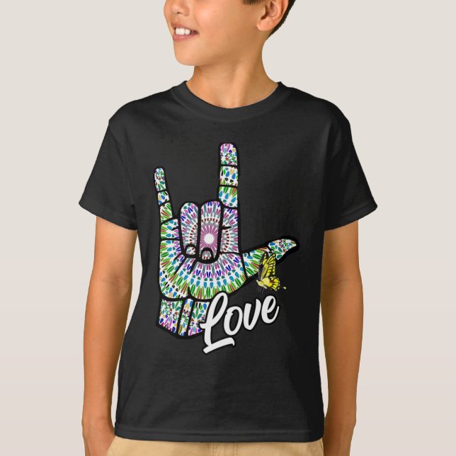 ASL Kärlek You Hand Sign Language Butterfly Döv Aw T Shirt (Framsida)