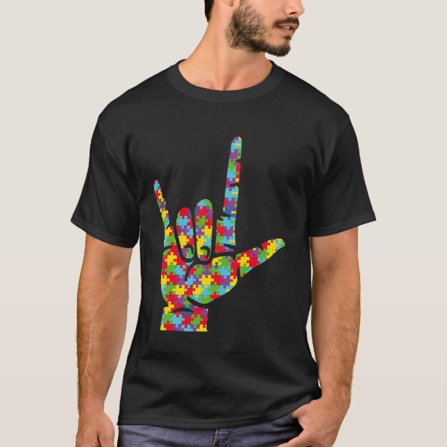 Asl Love Sign Language Hand Autism Awareness Puzzl T Shirt (Framsida)