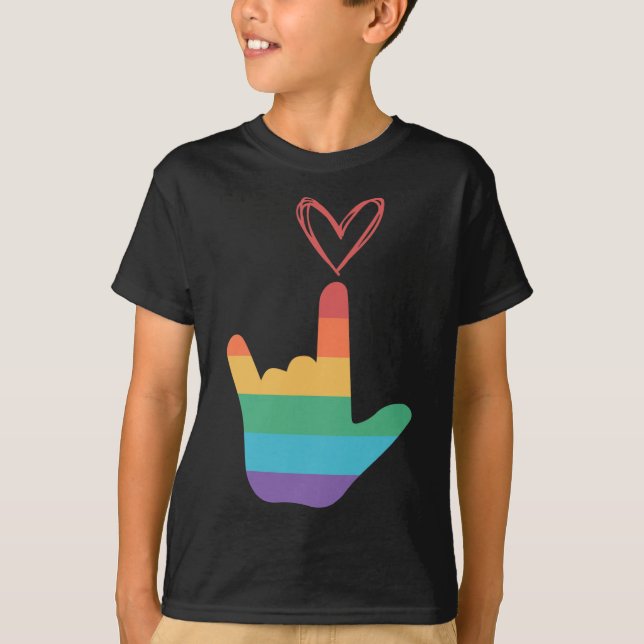 Asl regnbåge kärlekssymbol döv  t shirt (Framsida)