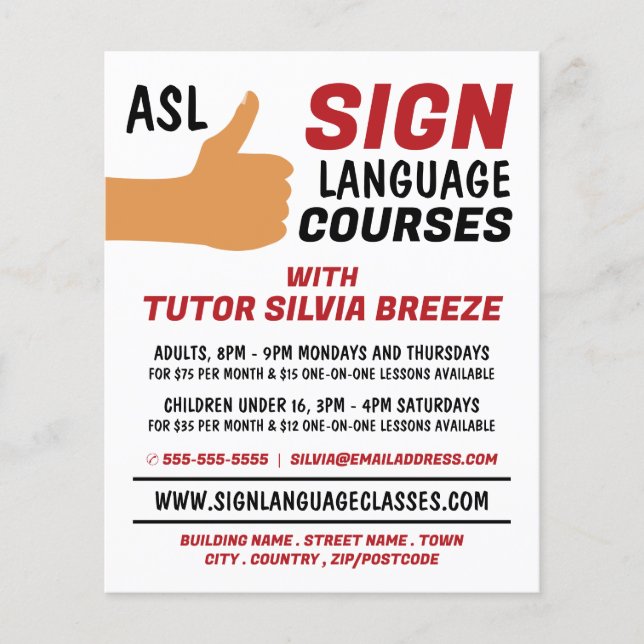 ASL Tumbs-up Gesture Sign Language Course Advert Flygblad (Framsidan)