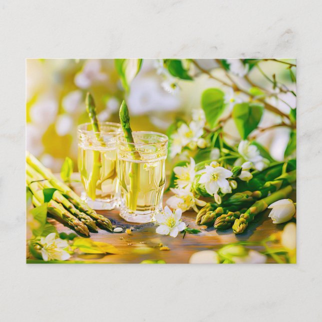 Asparagus Liqueur med Lemon och Flowers Helg Vykort (Framsida)