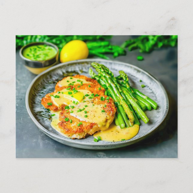 Asparagus med Schnitzel och Sauce Helg Vykort (Framsida)