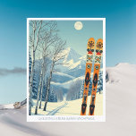 Aspen Snowmass ski vacation Postcard Vykort<br><div class="desc">Hello from the snowy mountains of Aspen Snowmass,  USA! We hope you're having a wonderful ski vacation. This postcard features a gorgeous blue-grey mountain landscape with retro ski boards in an orange tribal pattern.
All the text phrases can be customized to suit you!</div>