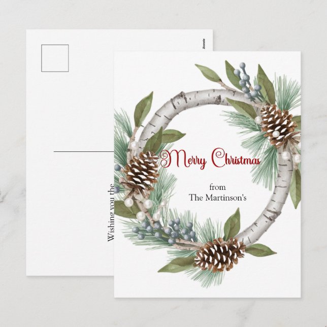 Aspen Wreath with Pinecones Christmas postcard Helg Vykort (Fram/baksida)