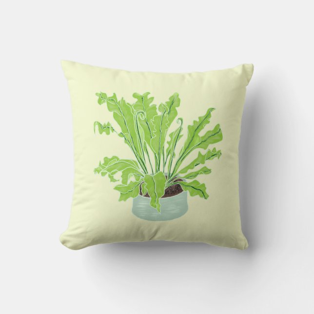 Asplenium Bird's nest fern - teckning på gult. Kudde (Framsida)