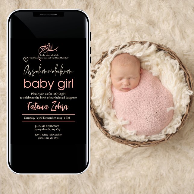 Assalamualaikum Flicka Muslim Aqiqah BlackPink Inbjudningar (Assalamualaikum Baby Girl Muslim Aqiqah BlackPink Invitation)