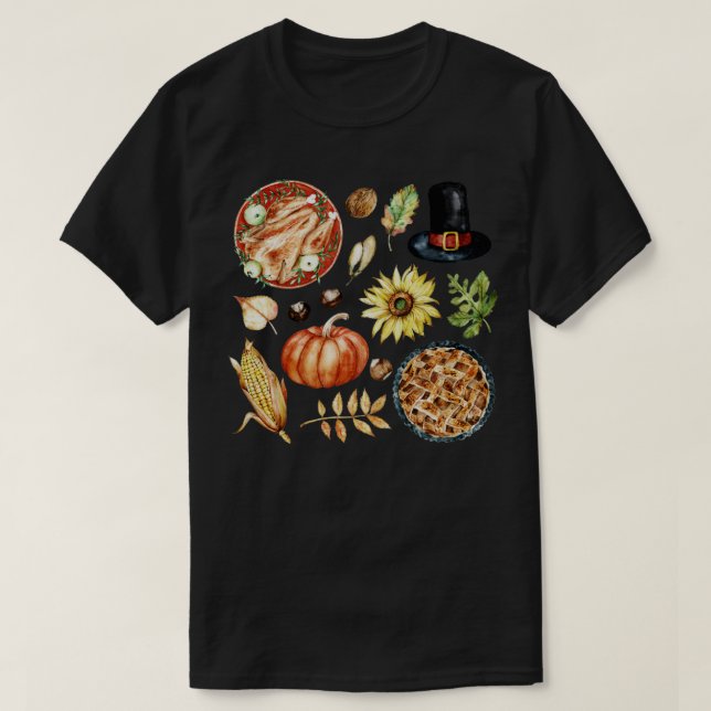 Assorterad Autumn Food Turkey Paj och Pumpkin T Shirt (Design framsida)