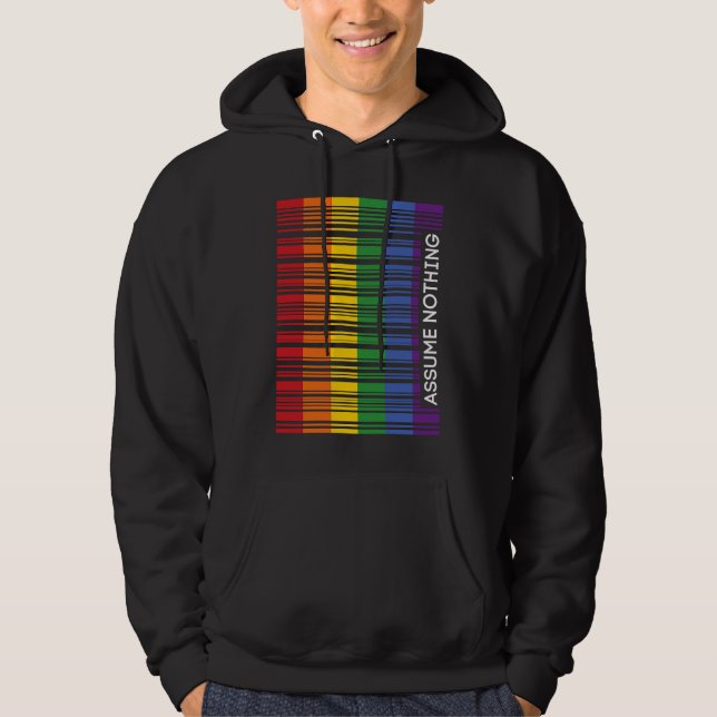 Assume Nothing Gay Pride Flag Rainbow Barcode Prid Hoodie (Framsida)