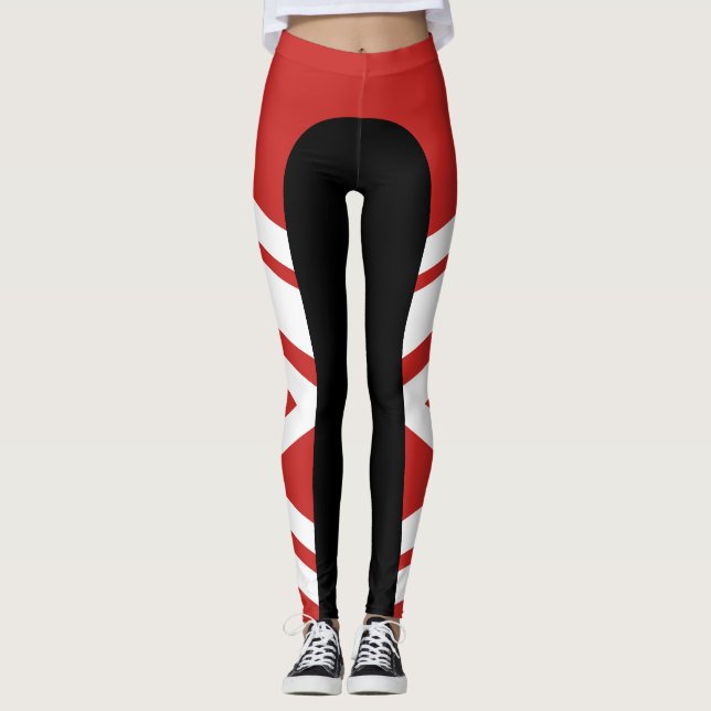 Assymetriskt rött sidomusikband/svart-/vitdamasker leggings (Framsida)
