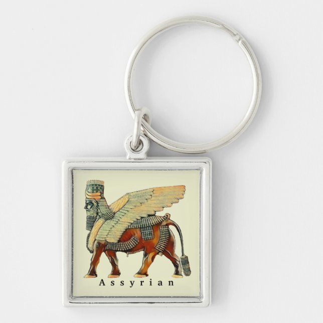 Assyrian Lamassu Art Keychain Fyrkantig Silverfärgad Nyckelring (Framsidan)