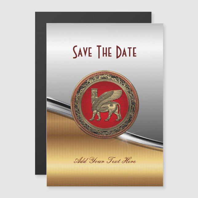 Assyrian Winged Bull - Guld Lamassu Magnetisk Inbjudningskort (Fram/baksida)