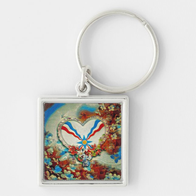 Assyrianhjärta Fyrkantig Silverfärgad Nyckelring (Framsidan)