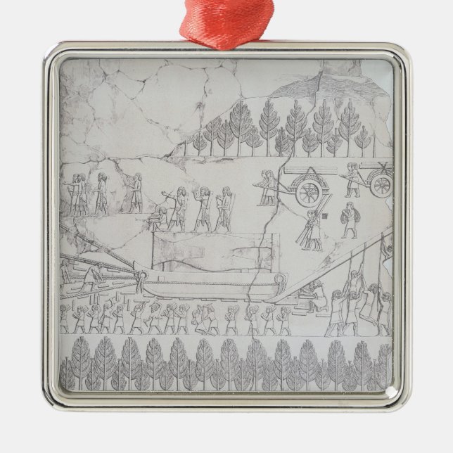 Assyrier som flyttar en bevingad tjur på en pulka, julgransprydnad metall (Framsidan)