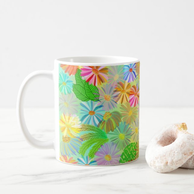 ASTER & CONE FLOWERS & TROPICAL LEAVES WATERCOLOR  KAFFEMUGG (Med munk)