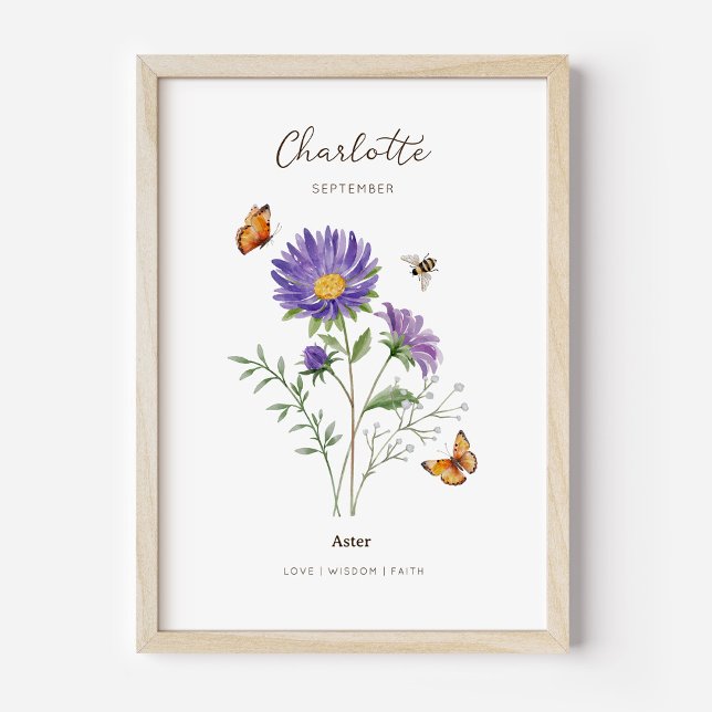 Aster Födelsemånad Blomma Affisch (Example of aster birth flower poster once framed. )