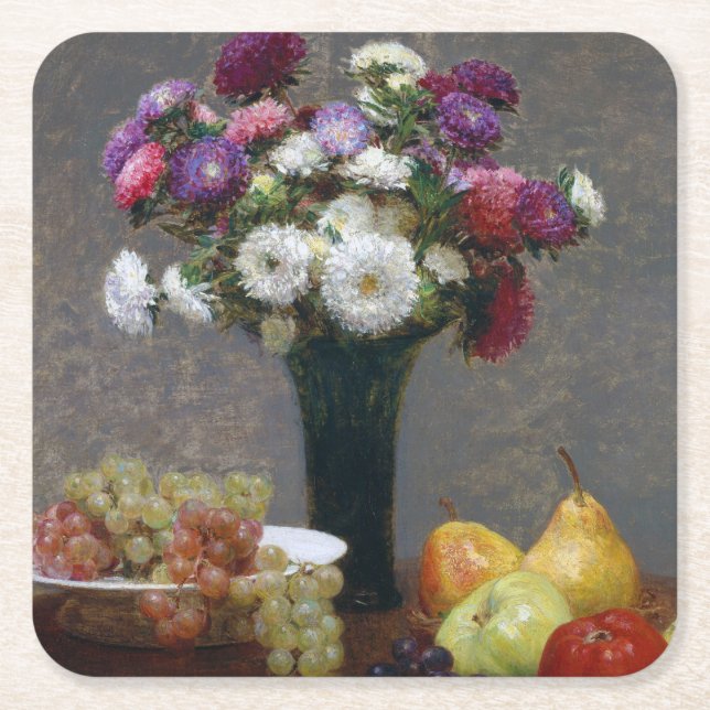 Asters and Fruit, Henri Fantin-Latour Underlägg Papper Kvadrat (Framsidan)
