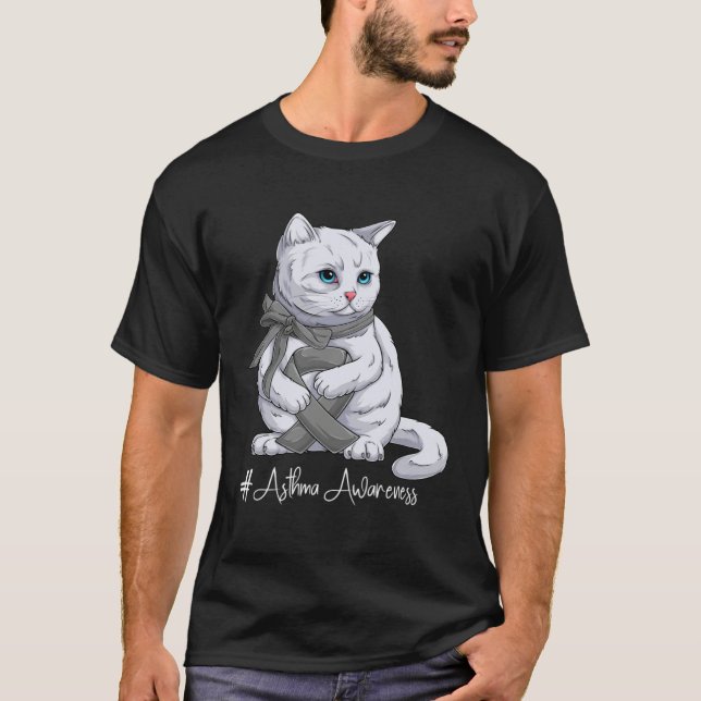 Asthma Awareness Month Gray Ribbon Cat T Shirt (Framsida)