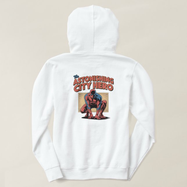 Astonishing City Hero Retro Comic Superhero T‑Shir Hoodie (Design baksida)