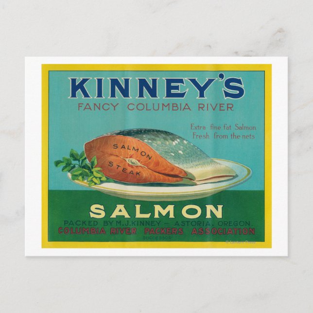 Astoria, Oregon - Kinneys Salmon Fodral-etikett Vykort (Framsida)