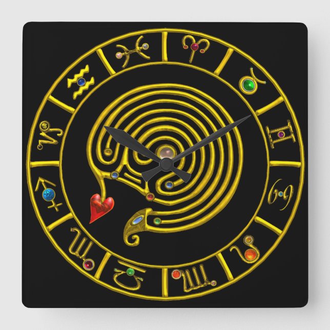 ASTRAL LABYRINTH GULD ZODIAC CHART Astrology Fyrkantig Klocka (Framsida)
