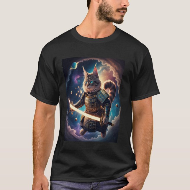 Astral Samurai Cat Guardian of the Celestial Waves T Shirt (Framsida)