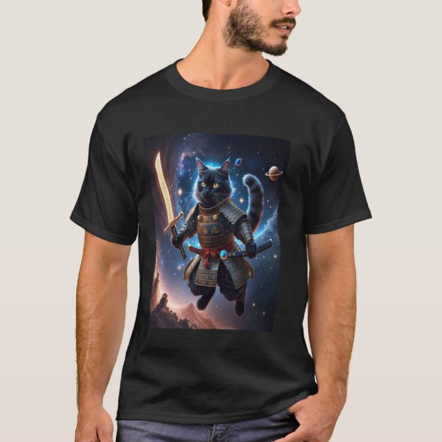 Astral Samurai Cat Guardian of the Celestial Waves T Shirt (Framsida)