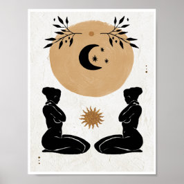 Astro Celestial Feminine Sol Måne Boho Konst Poster