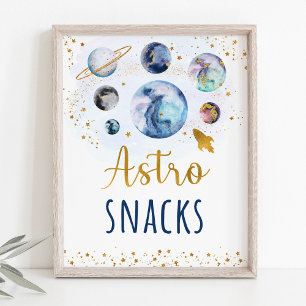 Astro Snacks Blue Guld Space Birday Sign Poster