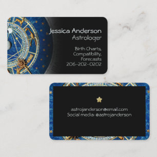 Astrologer Celestial Blue Rustic Guld Zodiac Wheel Visitkort