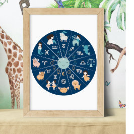 Astrologi för barn- Nursery Zodiac Wheel Blue Poster