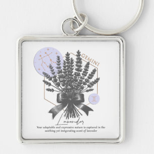 Astrologi/Gemini Zodiac Sign Flower Lavender Fyrkantig Silverfärgad Nyckelring