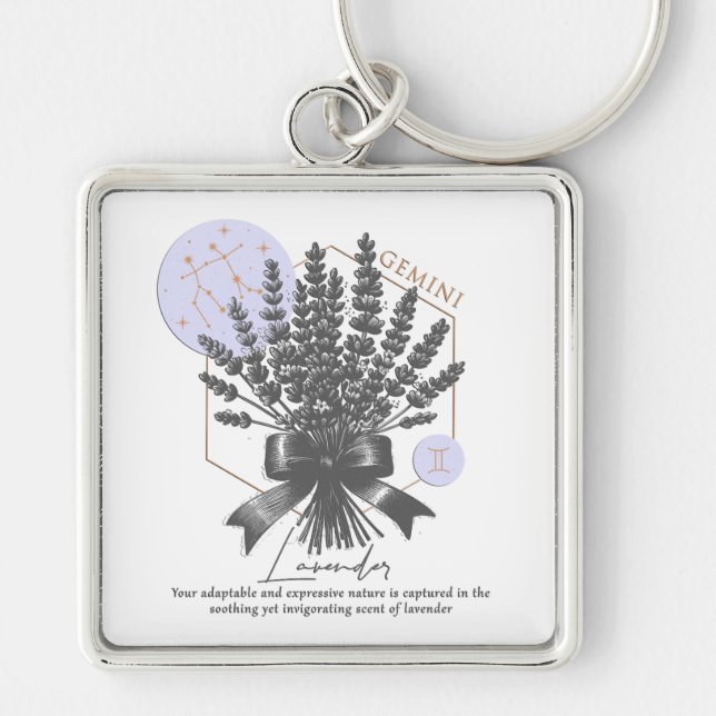 Astrologi/Gemini Zodiac Sign Flower Lavender Fyrkantig Silverfärgad Nyckelring (Framsidan)