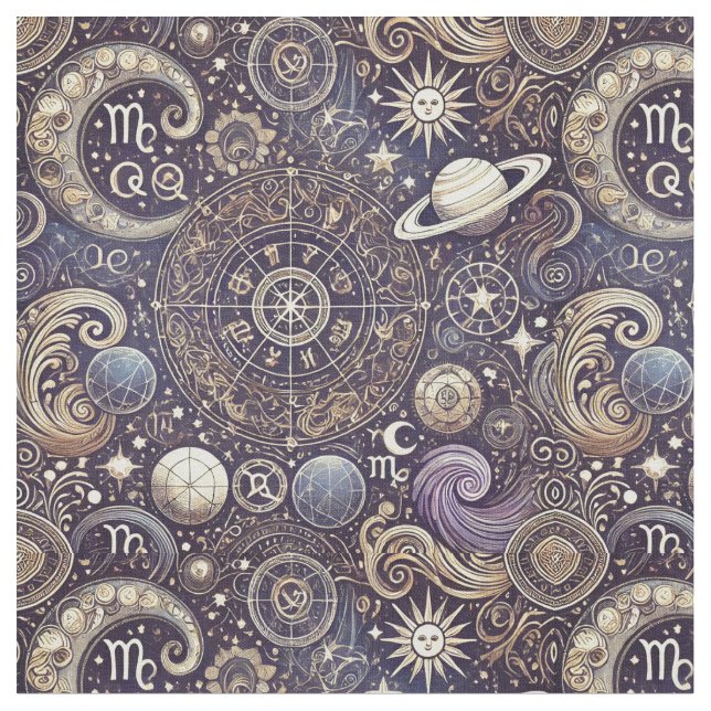 Astrologi Mönster- Detailed Zodiac och Celestial Tyg (Närbild)